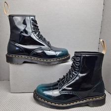 Dr. Martens 1460 Boots UK 7 Black Green Gloss Patent Vegan Leather Yellow Stitch