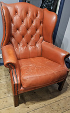 Chesterfield wing back chair leather (brick red, orange)