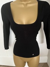 Karen Millen Black Ribbed Scoop Neck Logo’d Stretch Knit Jumper KM 1 U.K. 8-10