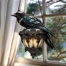Gothic Raven on Lantern Acrylic Suncatcher, Halloween Crow on Lamp Ornament UK