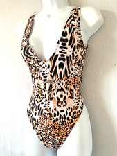 Ladies Brown Mix BOOHOO Animal Print Swimsuit Size 10 - Plunge High Leg Scoop