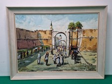 Framed North African Street scene Oil on Canvas Painting Signed by Artist Barun