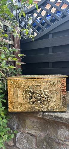 Brass coal box with - coal, embossed