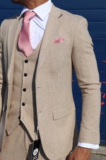 Men's Beige Tweed Three Piece Suit For Summer Weddings Proms & The Races
