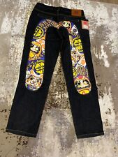 Evisu Denim Navy Jeans  Yellow Daruma Cat Print Logo - 32 - Brand New