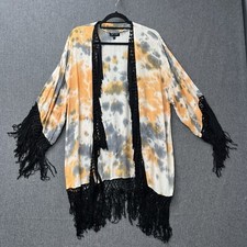 Topshop Kimono size 10 fringed orange grey tie dye top boho whimsy