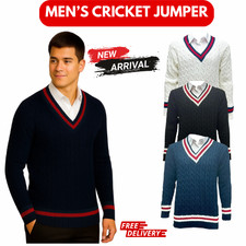 Mens Cricket Jumper V Neck Full Sleeves Casual Wear Cable Knitted  S to 2XL