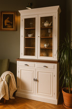 Vintage Cream Display Cabinet with Glass Doors Solid Hutch Cupboard