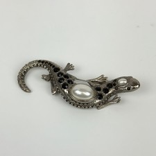 Vintage Silver Lizard Brooch Pin Pearl Black Crystals Baroque Costume Jewelry
