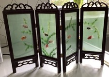 Tabletop Folding Screen Silk Embroidered Fish  Rosewood 4 Frames 12 X 9 Inches