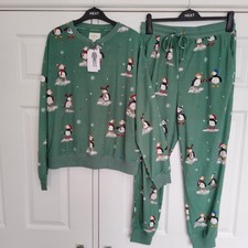 NEXT Womens Christmas Sage Puffin Cosy Pyjamas SIZE MEDIUM 12 - 14 New