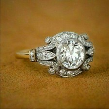 Vintage Engagement Ring Art Deco Round Diamond 14K White Gold Over Size J-T
