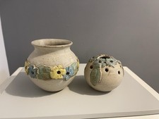 Vintage Tregaron Studio Pottery Set Of 2 Bud Vases. Made In Wales. Floral Design