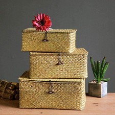 Set of 3 Rectangular Storage Shelf Basket with Lid Seagrass Rattan Woven Multip