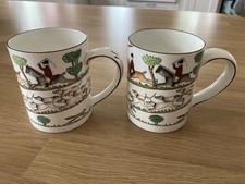 Pair Of Crown Staffordshire Fine Bone China Robert Horn Hunting Scene Mugs