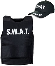 Adult SWAT Team Vest & Cap Black FBI American Police Cop Fancy Dress Costume Set