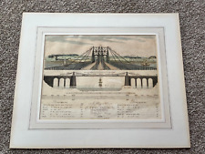 original 1820 hand colour  print - plan & view of a chain bridge over the menai