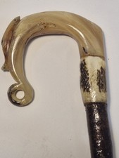 Hand carved shepherds crook Sheep horn depicting fish 54" tall