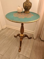 Green Round Side Table Vintage Wooden Pedestal Upcycled Hand Painted Accent 
