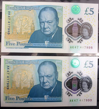 AK47 417998 and 417999 £5 Notes Genuine Banknotes GBP Five Pound. Excellent Cond