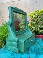 Vintage Wooden Hand Crafted Green Rustic Painted Dressing Mirror With Drawer Box