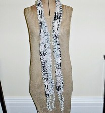 JANES LONG SCARF BOBBLE FRINGE & TRIM BLACK WHITE GREY & BLUEY GREY COOL CHIC