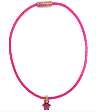 NIB Versace Medusa Logo Charm Drop Hot Pink Woven Leather Choker Necklace $695