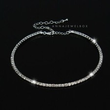 1 2 Row Silver Clear Rhinestone Diamante Crystal CZ Choker Necklace Party Gift