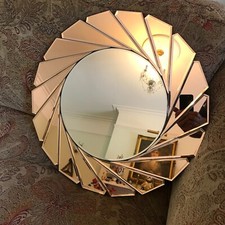 GLASS FRAMED ART DECO STYLE AMBER / PEACH GLASS ROUND BEVELLED WALL MIRROR FINE