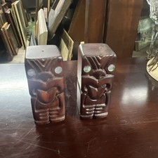 Vintage Carved Wooden Tiki Totem Pole Salt Pepper Shakers Made In New Zealand #2