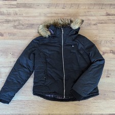 Jack Wills Ladies UK 14 Puffer Jacket Coat Hooded Dark Blue Faux Fur Trim Padded