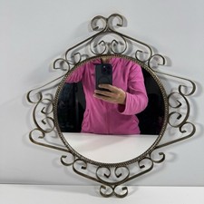 Ornate Wall Mirror Round Scrollwork Frame Gold Tone Metal Vintage