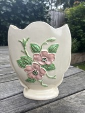 Vintage MCM Hull Art Pottery Footed Vase With Raised Pink Wild Flowers