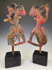 Pair of Antique Javanese Wayang Golek Shadow Puppets on Stands, Early 20th Centu
