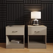 Set of 2 Putty Bedside Tables Deep Drawer Chrome Metal Handles Open Shelf