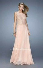 Nwt LA FEMME Apricot CHIFFON & LACE Rhinestones PROM FORMAL Fit & Flare Dress 8