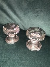 Pair GLASS DOOR KNOBS, large crystal cut multifaceted w/AESTHETIC Design chrome