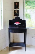 SMALL PAINTED "WEATHERED BLACK" ANTIQUE GUSTAVIAN STYLE BOW FRONT WRITING DESK