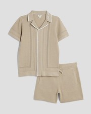 River Island Mini Boys 2 Piece Polo Shirt Set Beige Textured Top & Shorts