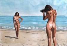 Original A3 Nude Watercolor, Contemporary Figurative Study, Beach Figurative Art