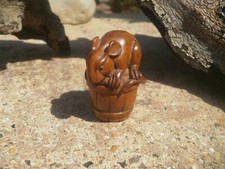 3c. Hand Carved wood netsuke Mouse upon a bucket , boxwood collectable figure