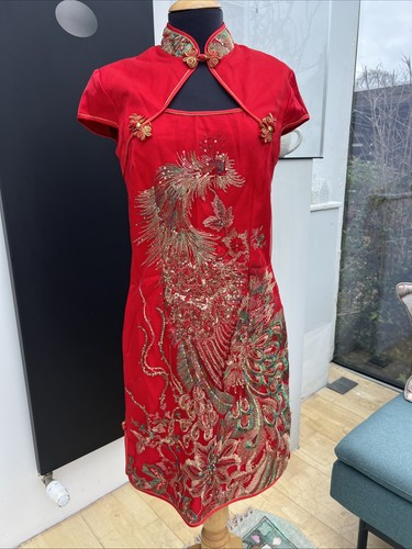 Red silk embroidered qipao - silk,