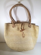 Sisal Tote Bag With Leather Handles ,Kiondo, Handmade In Kenya, Creme/Beige 