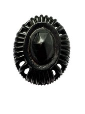 Antique Black Bog Oak Mourning Pin Brooch Carved Victorian Oval