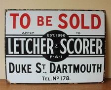 Vintage Enamel Sign. Letcher & Scorer Duke St Dartmouth Devon Estate Agent Sign