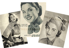 3 x Knitting Patterns Womens 1940s Bobble Hat, Cravat & Diamond Design Scarf.