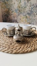 Ottoman Turkish Moroccan Bronze Brass Tea Coffee Saucers Cups Tray Set 2 Pack