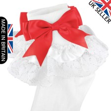 GIRLS BABY SPANISH BOW SOCKS DOUBLE RIBBON BOW FRILLY LACE ANKLE SOCKS NEW KIDS