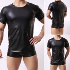 Wet Look Faux Leather Men's Round Neck Short Sleeve Tops TShirt Shirts