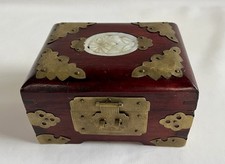 Vintage Chinese Wooden Jewellery Box Brass Trim Jade Inlaid Design